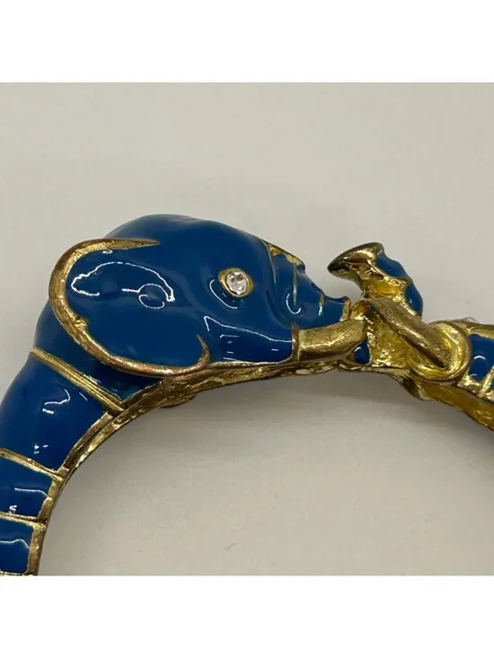 Vintage Enamel Gold-Tone Hinged Teal Blue Elephant Clamper Bangle Bracelet Rhine - Picture 10 of 11